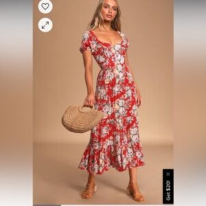 Reverie Red Floral Print Tiered Puff Sleeve Midi Dress size 4 but fits 0/XS 🌺